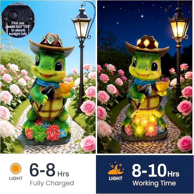 Solar Turtle Garden Decor, Animal Statue Lights for Outdoor, Mothers Day Mom Gifts, Thanksgiving, Birthday, Fairy Garden Accessories,Patio,Yard,Balcony Decorations, Lawn Ornament, Housewarming