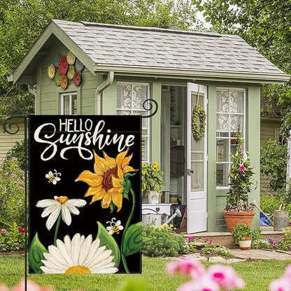 AVOIN colorlife Daisy Sunflower Hello Sunshine Garden Flag 12x18 Inch Double Sided, Summer Seasonal Holiday Burlap Yard Outdoor Decoration Black