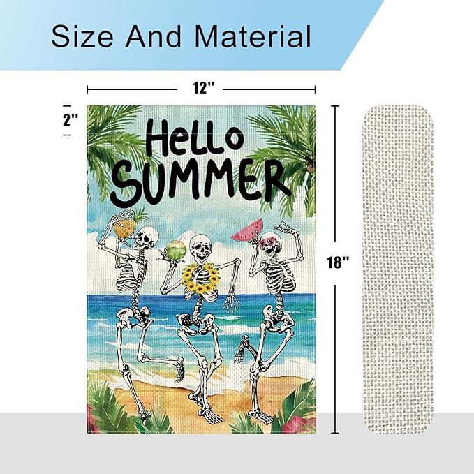 DLZDN Hello Summer Skeleton Garden Flag Funny Skull Garden Flag 12×18 Inch Double Sided Vertical Burlap Summer Coastal Seasonal Hawaii Tropical Ocean Yard Flag Outdoor Decoration