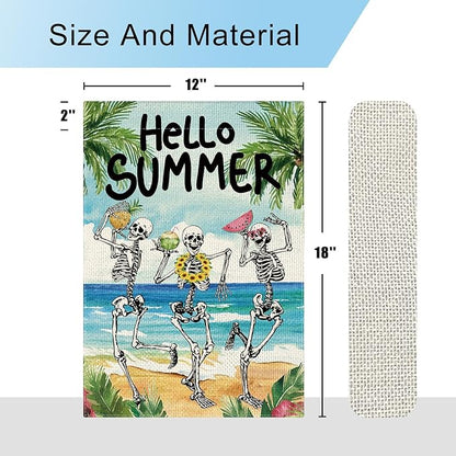 DLZDN Hello Summer Skeleton Garden Flag Funny Skull Garden Flag 12×18 Inch Double Sided Vertical Burlap Summer Coastal Seasonal Hawaii Tropical Ocean Yard Flag Outdoor Decoration