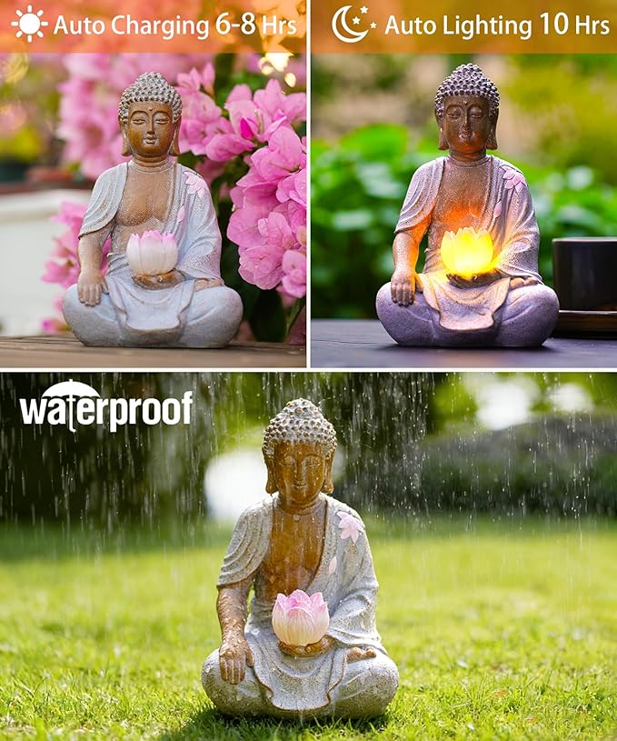 Nacome Solar Buddha Garden Statue Decor: Resin Zen Decor Waterproof Sitting Figurine with Lotus Flower Light Design for Outside Patio Lawn Yard Balcony - 8.3 inches(White)
