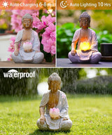 Nacome Solar Buddha Garden Statue Decor: Resin Zen Decor Waterproof Sitting Figurine with Lotus Flower Light Design for Outside Patio Lawn Yard Balcony - 8.3 inches(White)