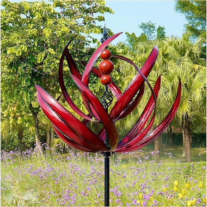 360° Outdoor Wind Spinner, Garden Pinwheels Metal Wind Sculpture Spinner with Gardens Stake, Rotating Windmill Yard Art Decor for Patio, Lawn & Garden (Red)