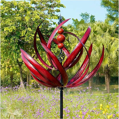 360° Outdoor Wind Spinner, Garden Pinwheels Metal Wind Sculpture Spinner with Gardens Stake, Rotating Windmill Yard Art Decor for Patio, Lawn & Garden (Red)