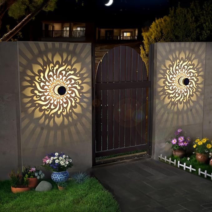 2 Pack Solar Fence Lights Metal Solar Powered Outdoor Wall Deck Step Lights Mandala Theme Waterproof Fence Light for Garden Post Patio Backyard Yard Decor, Gardening Gifts for Women Mom Grandma