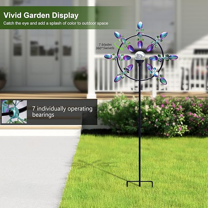 Large Solar Wind Spinner for Yard and Garden – 360° Kinetic Metal Wind Sculpture with LED Crackle Glass Ball, Waterproof Outdoor Stake Decor for Patio, Lawn & Backyard Art Decoration
