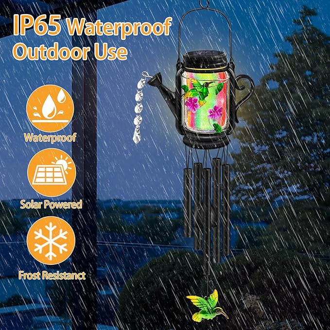 Solar Hummingbird Wind Chimes for Outside - Gifts for Mom Women Grandma,Solar Mason Jar Watering Can Hummingbird Light Unique Hanging Wind Chimes Outdoor,Yard Garden Terrace Courtyard
