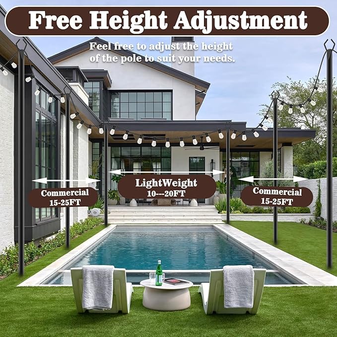 10Ft String Light Poles 8 Pack,Light Poles for Outside Lights,Outdoor with Fence Brackets Hanging Lights,Metal Stand Deck Patio Backyard