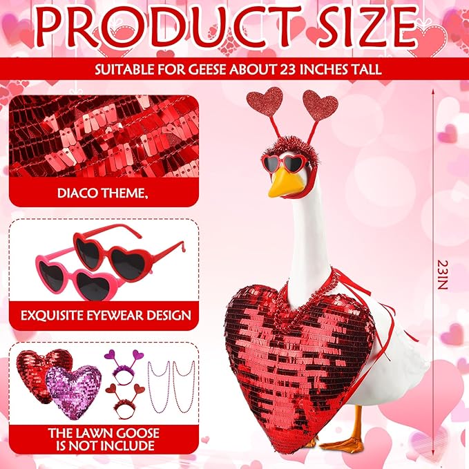 Abbylike 2 Sets Valentine's Day Porch Goose Outfits Love Heart Yard Goose Clothes Costume Fits Large 23'' Cement for Garden Yard Statue Pathway Decorations