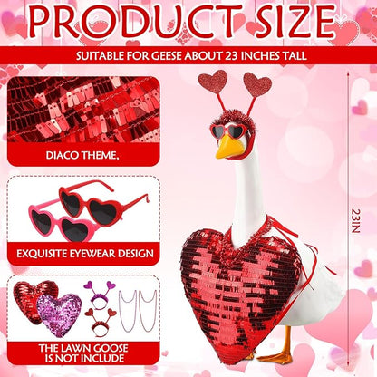 Abbylike 2 Sets Valentine's Day Porch Goose Outfits Love Heart Yard Goose Clothes Costume Fits Large 23'' Cement for Garden Yard Statue Pathway Decorations