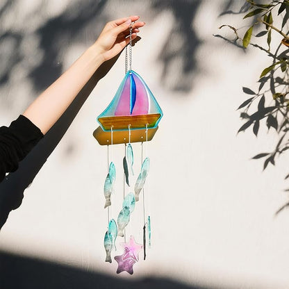 H&D HYALINE & DORA 23.5 Inch Glass Wind Chimes Colorful Sailboat Decor Hanging for Outside Glass Fish Wind Chime Outdoor Decor for Harmonic Porch, Patio & Garden