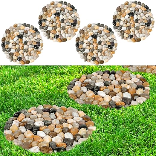 River Rock Stepping Stones Outdoor for Garden Walkway, 12 inch Diameter 4 Pcs Round Shape Paver Step Stones Polished Pebble River Stone Mat for Yard Lawn Patio Pathway Walk Way - Multi-color