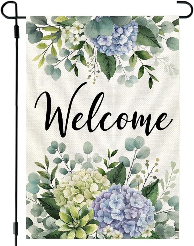 CROWNED BEAUTY Spring Garden Flag Hydrangea Eucalyptus 12x18 Inch Double Sided Small Seasonal Holiday Floral Decoration for Outdoor Lawn Yard