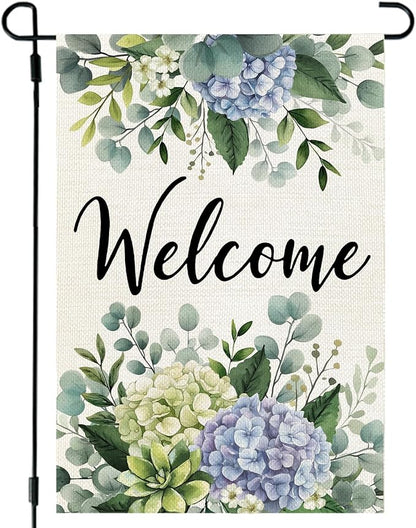 CROWNED BEAUTY Spring Garden Flag Hydrangea Eucalyptus 12x18 Inch Double Sided Small Seasonal Holiday Floral Decoration for Outdoor Lawn Yard