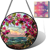 Birthday Gifts for Women - Ocean Flowers Faux Stained Glass Window Hanging Sun Catcher for Door Garden Acrylic Scenery Decor Mother's Day Christmas for Mom Men Nana Grandma Sisters 9.8"