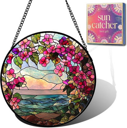 Birthday Gifts for Women - Ocean Flowers Faux Stained Glass Window Hanging Sun Catcher for Door Garden Acrylic Scenery Decor Mother's Day Christmas for Mom Men Nana Grandma Sisters 9.8"