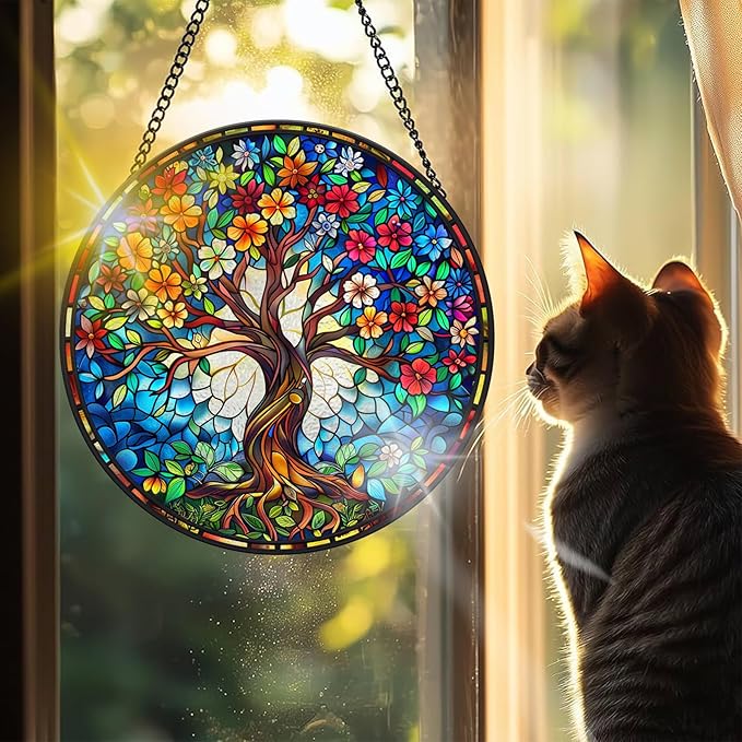 VAIIEYO Tree Sun Catcher Stained Glass Window Hanging Ornament, Handmade Sun Catcher Landscape Decoration with Hooks, Window Garden Home, Birthday Housewarming Gift 7.8 inch