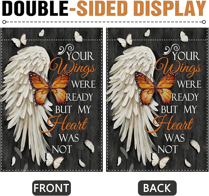 Dyrenson Memorial You Wings Were Ready But My Heart Was Not Decorative Garden Flag, Butterfly Cemetery Yard Outside Home Decoration, Burlap Outdoor Small Decor Double Sided 12 x 18