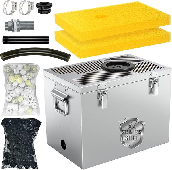 Stainless Steel Pond Filter Box with 3-Stage Filtration, Includes Filter Sponges, Ceramic Rings & Bio-Balls, Fish Pond Filter for Outdoor Ponds, Garden, Waterfall, Fountain & Water Feature