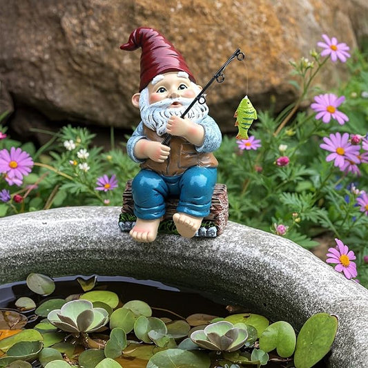 TERESA'S COLLECTIONS Resin Outdoor Statues for Garden Decor, Garden Gnome with Fishing Pole Funny Decorations for Outside, Yard Gnome Decor for Patio Lawn Ornaments, Ideal Gift for Women and Man, 8"
