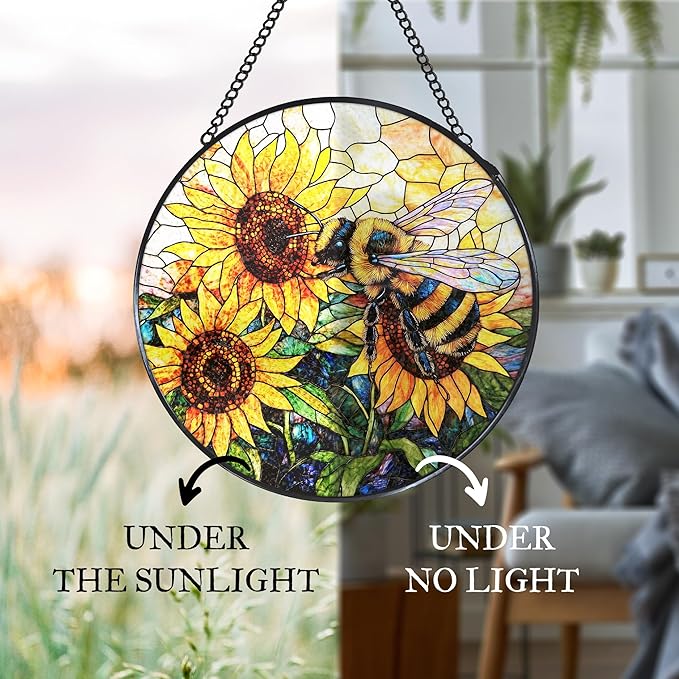 Vintage Bee Sunflower Stained Glass Window Hanging Suncatcher, Bumble Bee Sunflower Sun Catcher for Window Door Home Office Decor, Rustic Painted Glass Wall Hanging Decorations 7.8x7.8 in