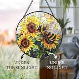 Vintage Bee Sunflower Stained Glass Window Hanging Suncatcher, Bumble Bee Sunflower Sun Catcher for Window Door Home Office Decor, Rustic Painted Glass Wall Hanging Decorations 7.8x7.8 in