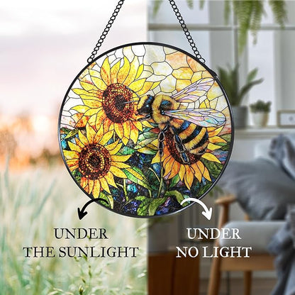 Vintage Bee Sunflower Stained Glass Window Hanging Suncatcher, Bumble Bee Sunflower Sun Catcher for Window Door Home Office Decor, Rustic Painted Glass Wall Hanging Decorations 7.8x7.8 in