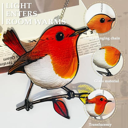 Birds on a Branch Stained Glass, Robin Bird Suncatchers Windows, Bird Suncatcher for Patio/Mom/Window (Orange)