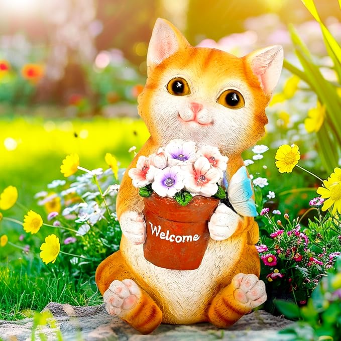 GIGALUMI Solar Garden Decor Flower Pot Cat Statues Outdoor, Birthday Gifts for Women Mom Grandma Senior Elder, Cat Ornament for Balcony, Garden, Patio, Yard, Lawn