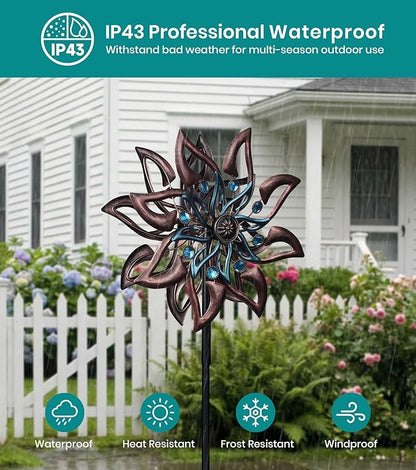 360° Garden Wind Spinner for Outdoor Yard Art – W13xH64 Kinetic Windmill for Garden, Lawn, and Patio – Dahlia-Inspired Copper and Teal Wind Spinners Outdoor Decorative Yard Art