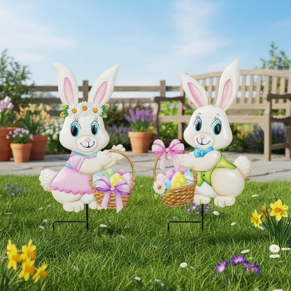 2PCS Spring Rabbit Metal Yard Decorations Stakes, Grandmas Garden Easter Holiday Yard Decoration Outdoor Stakes, Memorial Personalized Unique Garden Gifts Women for Grandma Statue