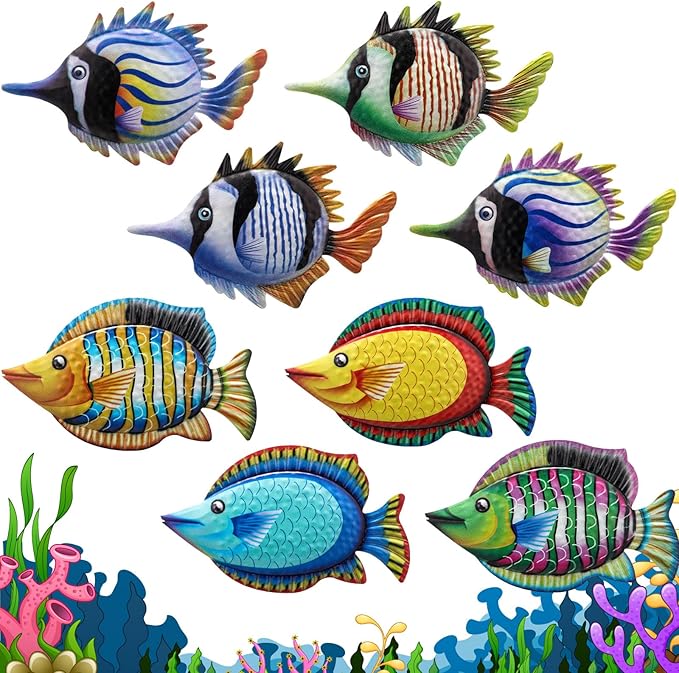 Tandefio 8 Pcs Metal Wall Decor Wall Art Hanging Decorations Outdoor Indoor Sculptures for Garden Fence Pool Home Porch(Fish)