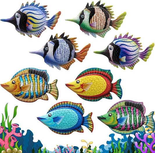 Tandefio 8 Pcs Metal Wall Decor Wall Art Hanging Decorations Outdoor Indoor Sculptures for Garden Fence Pool Home Porch(Fish)