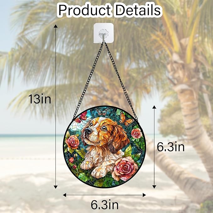 DASTOLL Stained Glass Window Hanging, Dog and Rose Suncatcher for Doors Home Butterfly Sun Catchers Decoration and Christmas, Mother's Day Birthday Gifts for Women, Men, and Mom 6.3 in