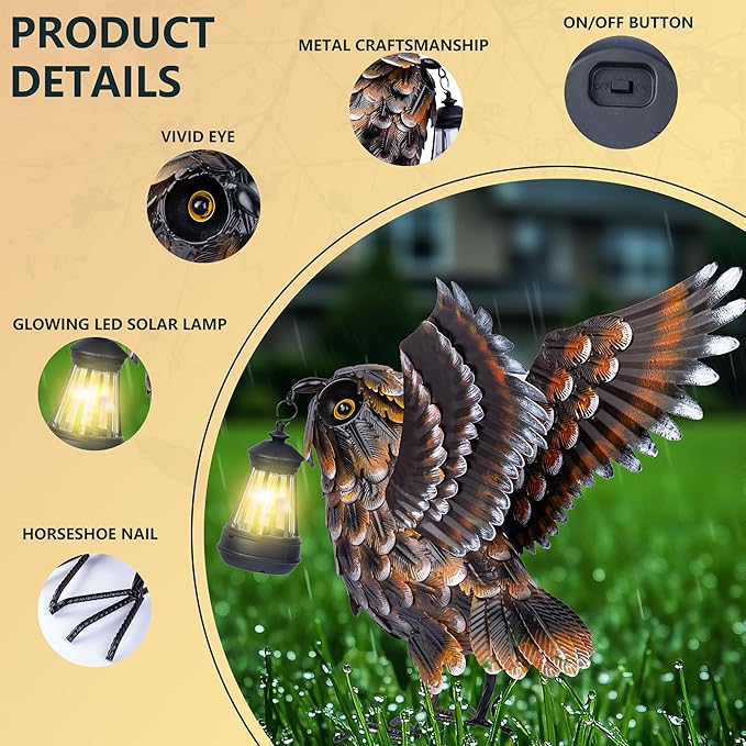 Modista Metal Yard Art Decor Owl Garden Statues Sculptures with Solar Lamp for Home Yard Decorations Outdoor Clearance