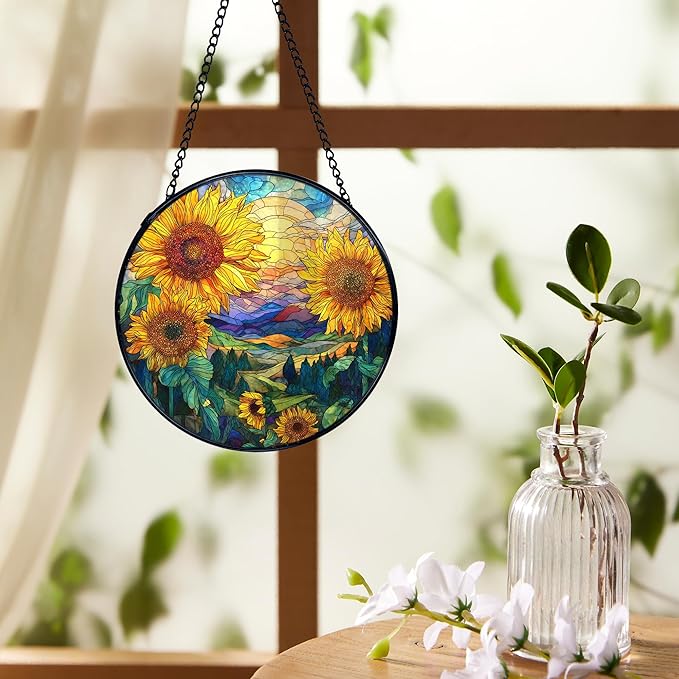 Sunflower Suncatchers Stained Glass Window Hanging, Rustic Cottagecore Flower Sun Catchers Indoor Window Glass Round Wall Decor, Sunflower Wall Hanging Decorations, 7.9x7.9in