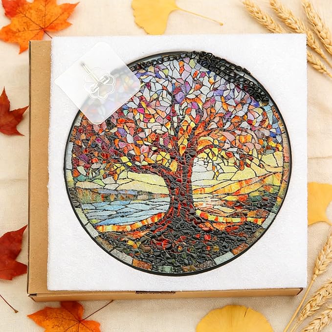 Stained Glass Window Hanging, 8 Inch Tree of Life Stained Glass Suncatchers for Indoor Windows Wall Kitchen Home Room Decor Ornaments Gifts for Women Mom Grandma Birthday Mother's Day