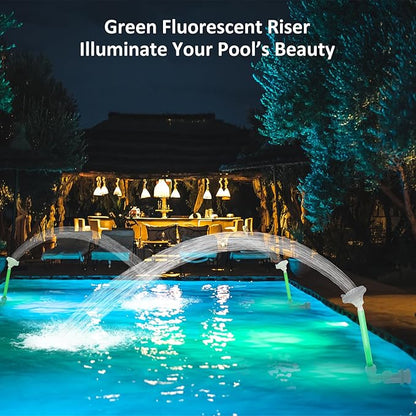 Pool Fountain for Above & Inground Pools – 360° Adjustable Pool Waterfall, Pool Sprinkler Fountain with 4 Spray Modes, Green Glow-in-The-Dark Riser – Swimming Pool Cooler & Pool Accessories