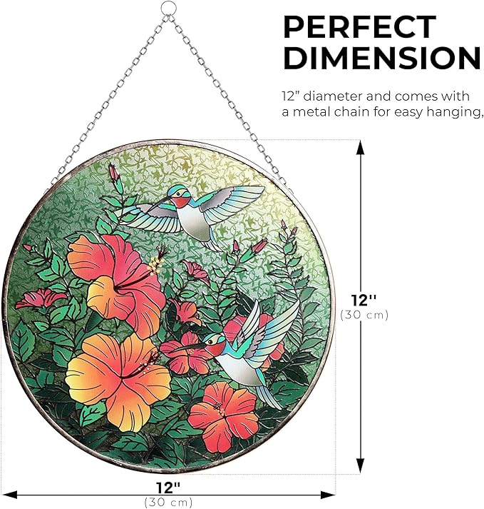 Hanway Suncatcher in Colorful Stained Glass 12" Dia - Genuine Brightly Colored Glass, Protective Metal Edge, Ready to Use Hanging Chain, for Window, Garden (Butterfly) (Hummingbird)