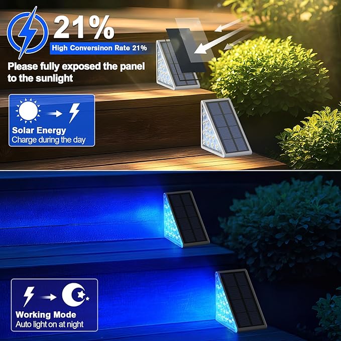 AUDLES 2 Pack Solar Stair Lights, Outdoor Step Lights with Waterproof IP67, Blue Color LED Solar Light for Outside Light Decor for Stair, Deck, Front Step, Front Porch, Patio and Backyard