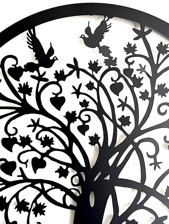Bellaa 20193 Metal Wall Decor Tree Circle of Life Birds Nature Round Sign Indoor Living Room Rustic Art Outdoor Garden Patio Decor