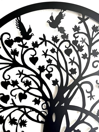 Bellaa 20193 Metal Wall Decor Tree Circle of Life Birds Nature Round Sign Indoor Living Room Rustic Art Outdoor Garden Patio Decor