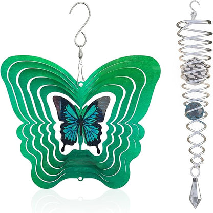 ISEO Butterfly Wind Spinner for Yard and Garden with Gazing Ball Set, Hanging Outdoor Decor, Yard Art, Porch and Patio Decorations, Metal Wind Spinners Outdoor, Weather Resistant, 6.5”