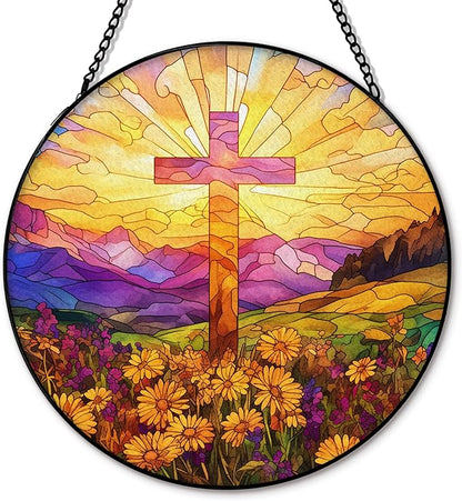 Cross Suncatcher Stained Glass Window Hanging, Wildflower Flower Cross Sun Catchers Indoor Window Glass Round Wall Decor, Religious Wall Art Hanging Decorations, 7.8＂x7.8＂