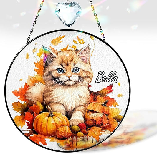 Personalized Pet Portrait Stained Glass Crystal Suncatcher, Dog & Cat Fall Pumpkin Decor, Autumn Maple Leaf Thanksgiving Decorations, Dog Lover Gift for Women, Memorial Gifts for Cat Mom