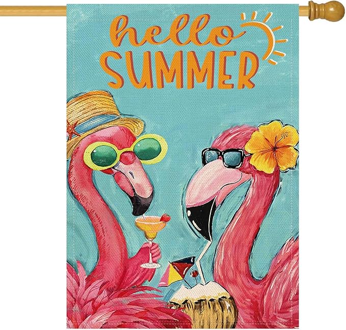Baccessor Pink Flamingo Hello Summer House Flag Double Sided 28x40 Inch Tropical Beach Summer Welcome Yard Flag Burlap Seasonal Farmhouse Outside Outdoor Decoration