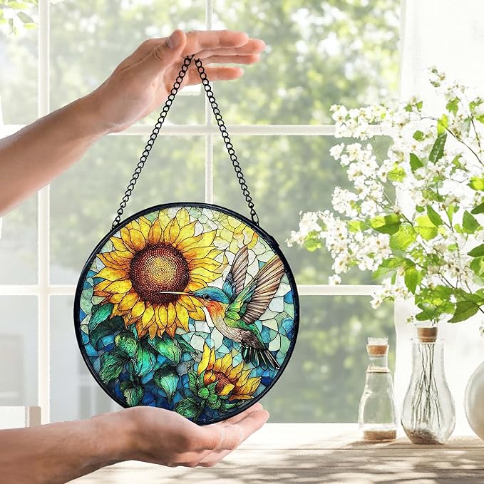 Hummingbird Sunflower Suncatchers Stained Glass Window Hanging, Hummingbird Flower Sun Catchers Indoor Window Glass Round Wall Decor, Bird Sunflower Wall Hanging Decorations, 7.9x7.9in
