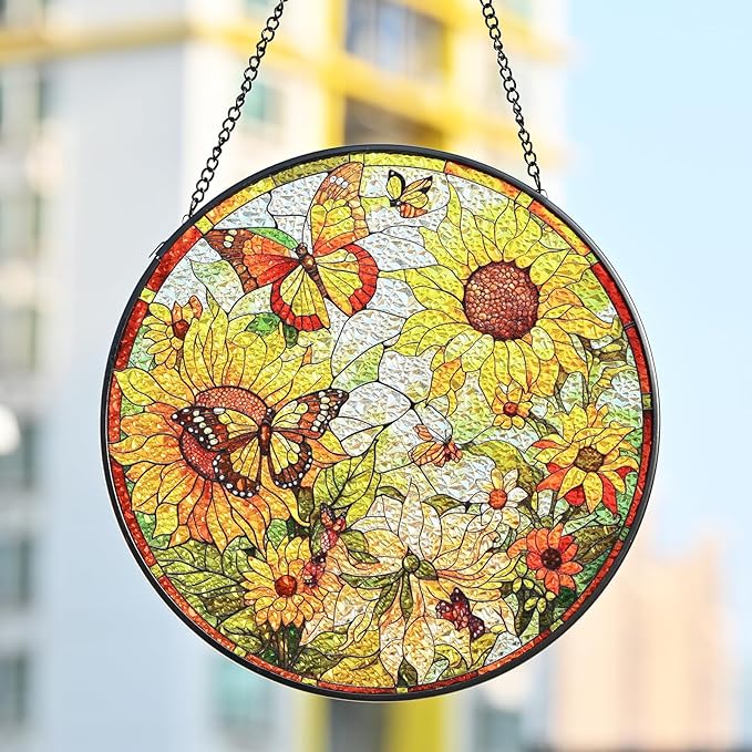 Sunflower Suncatcher Stained Glass- Sunflower Gifts for Women, Stained Glass Window Hanging, 7.87inch Handmade Stained Glass Hanging Decor for Valentine's Day Mother's Day Ornaments Festival Gift