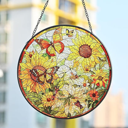 Sunflower Suncatcher Stained Glass- Sunflower Gifts for Women, Stained Glass Window Hanging, 7.87inch Handmade Stained Glass Hanging Decor for Valentine's Day Mother's Day Ornaments Festival Gift