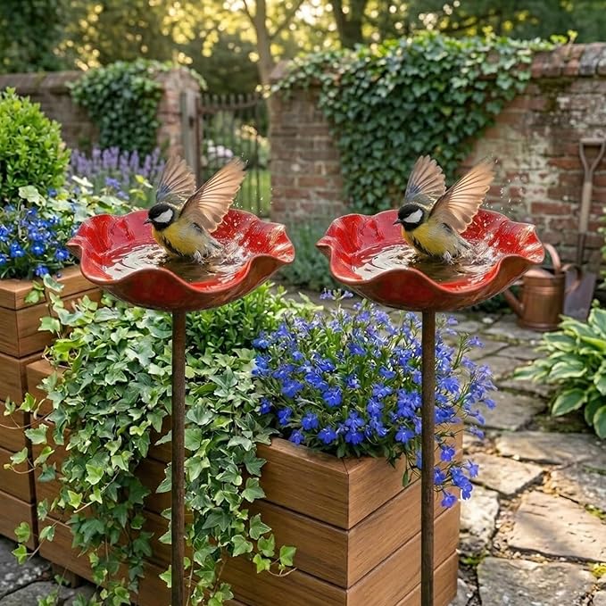 IBHOO Metal Flower Garden Stakes Bird Bath, Handmade Metal Flower Garden Stake, Outdoor Flower Shaped Bee Bath Water Bowl, for Garden Lawn Yard Decor